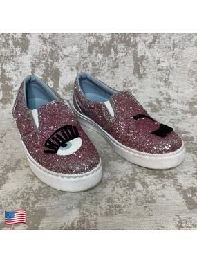 Chiara Ferragni Flirting Glitter Italian Leather Slip On Sneakers in Pink